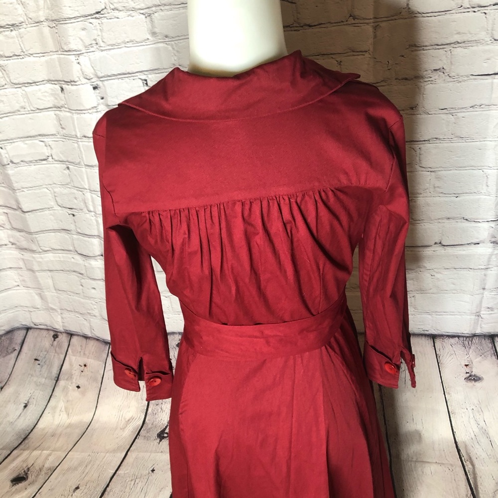 Red long sleeve a line dress w/ criss cross front - Picture 8 of 16